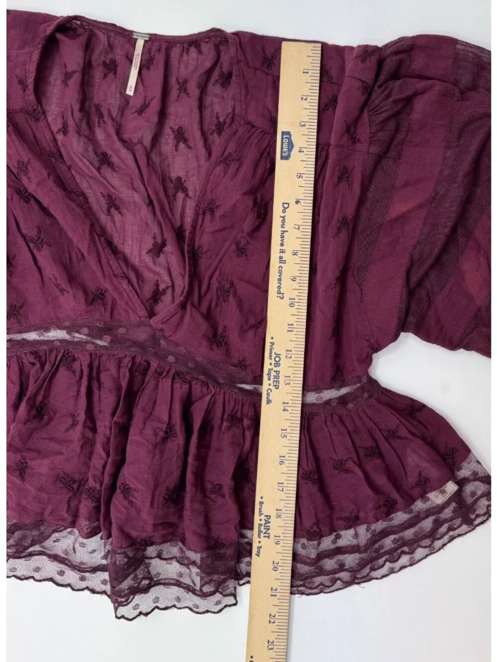 Free People Sheer Embroidered Boho Peplum Blouse With Lace Hem & V-Neck